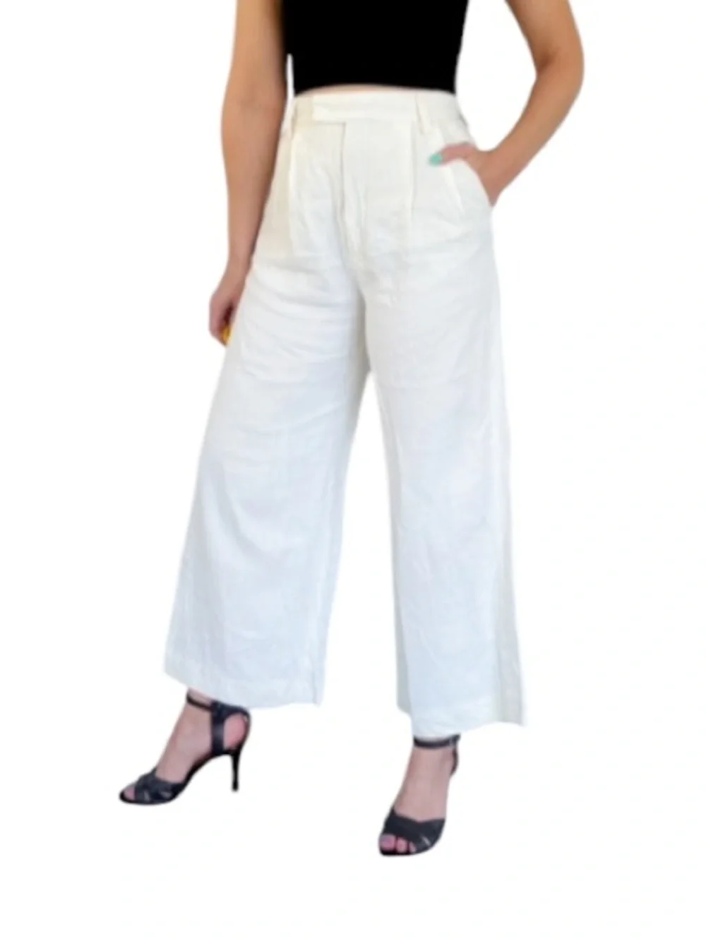 ZARA white high rise pleated wide leg linen blend crop pants size XS